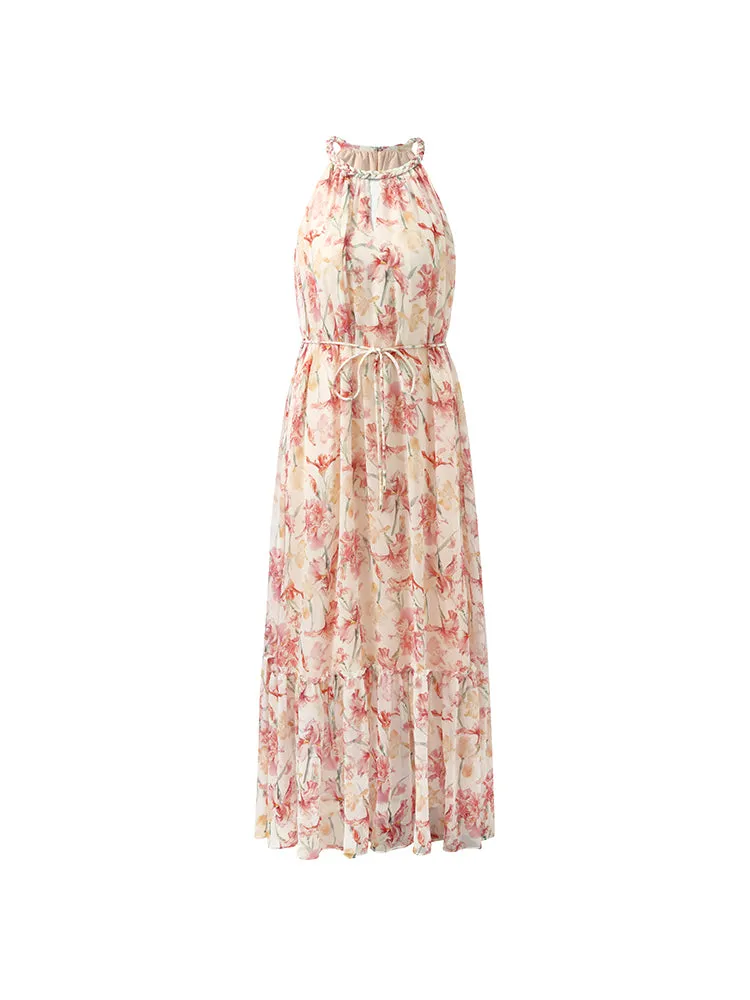 10 Momme Mulberry Silk Iris Printed Halter Ruffle Women Maxi Dress