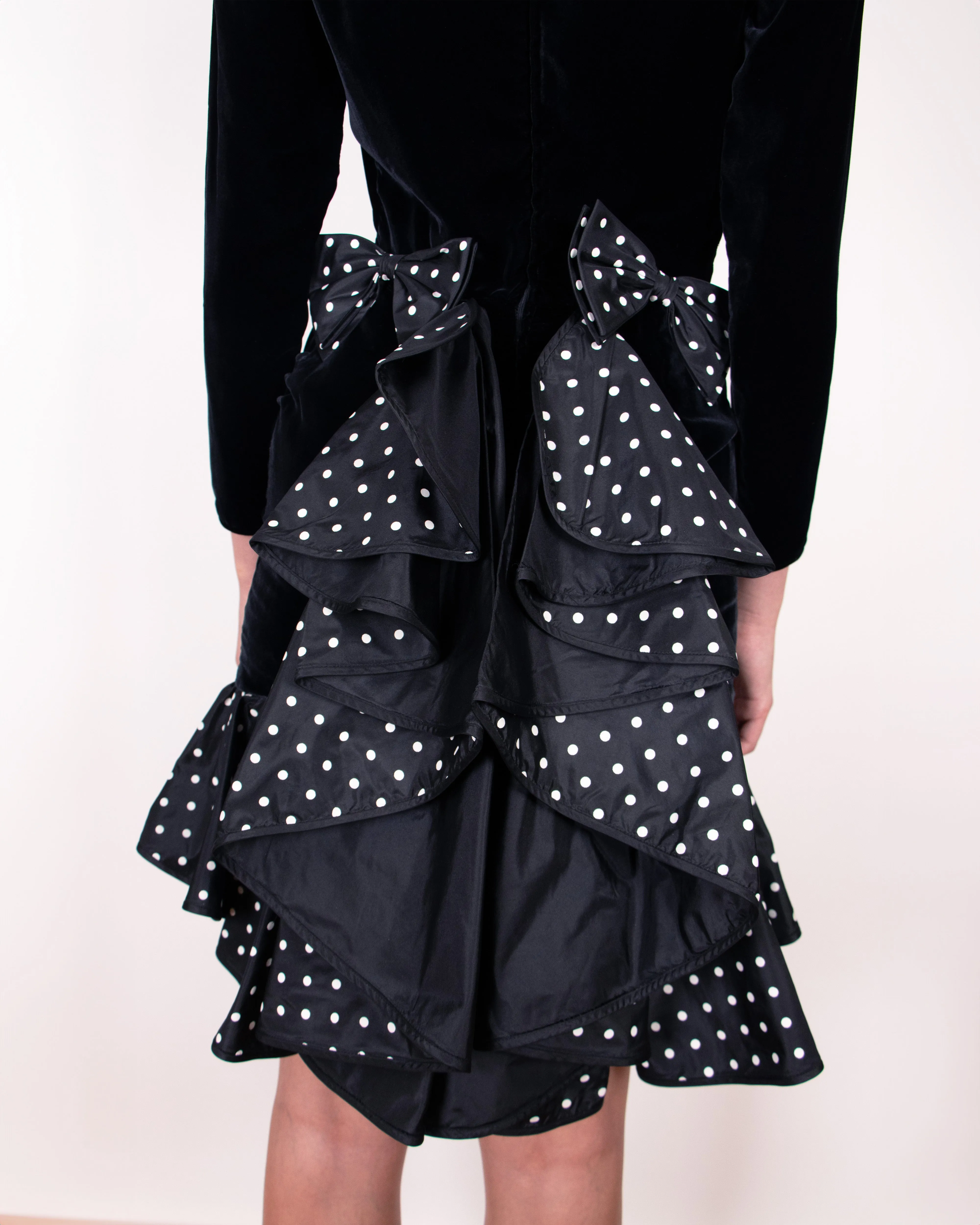 1980s Valentino Black Velvet and Taffeta Dress with Bows and Ruffles S