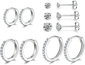 3 Pairs Sterling Silver Small Hoop Earrings Tiny Cartilage Earring Cubic Zirconia Cuff Huggie Earrings Mini Hoops Earrings Piercing for Women Girls