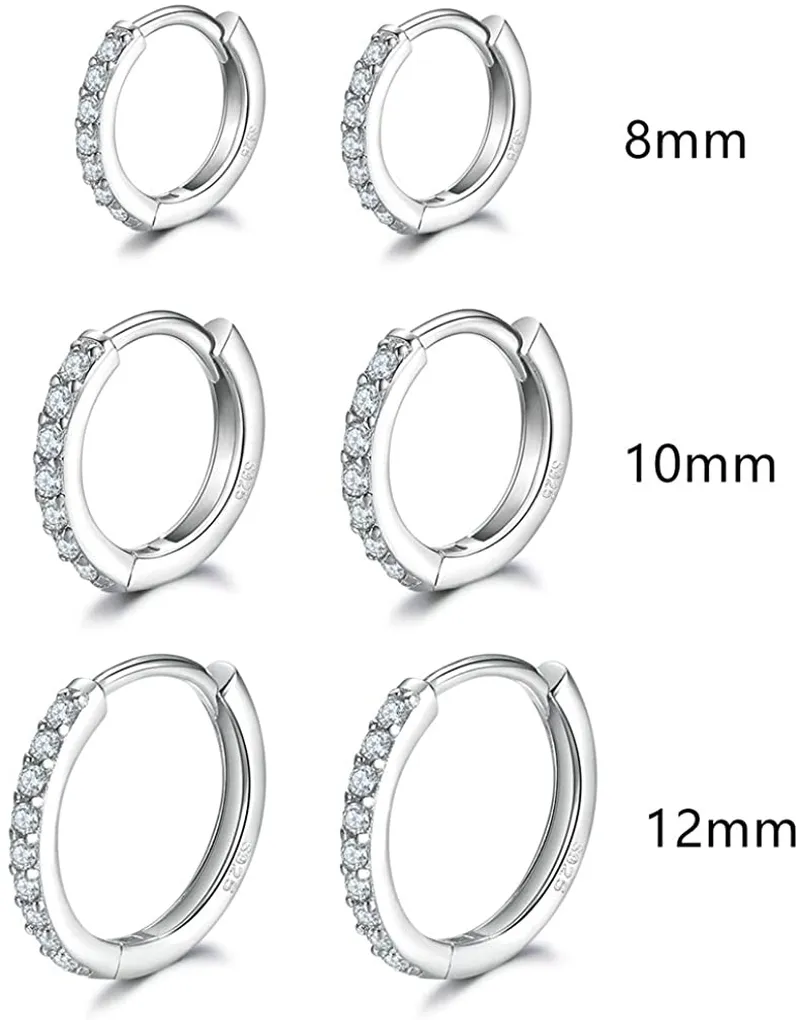 3 Pairs Sterling Silver Small Hoop Earrings Tiny Cartilage Earring Cubic Zirconia Cuff Huggie Earrings Mini Hoops Earrings Piercing for Women Girls