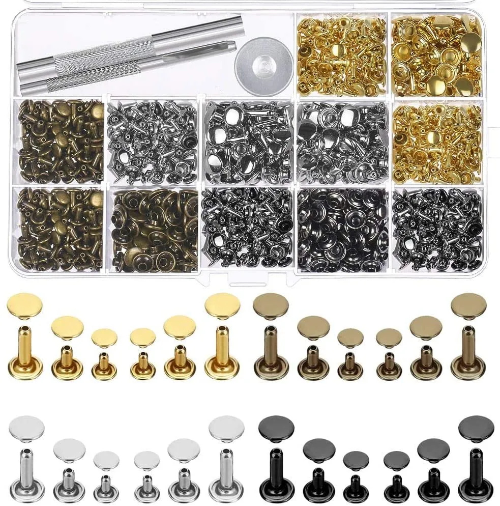 480 Pcs Metal Double Cap Rivets Studs Round Rivet for DIY Leather Craft Bag Belt Clothing Garment Shoes Pet Collar Fixing Tools