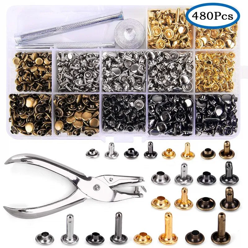 480 Pcs Metal Double Cap Rivets Studs Round Rivet for DIY Leather Craft Bag Belt Clothing Garment Shoes Pet Collar Fixing Tools