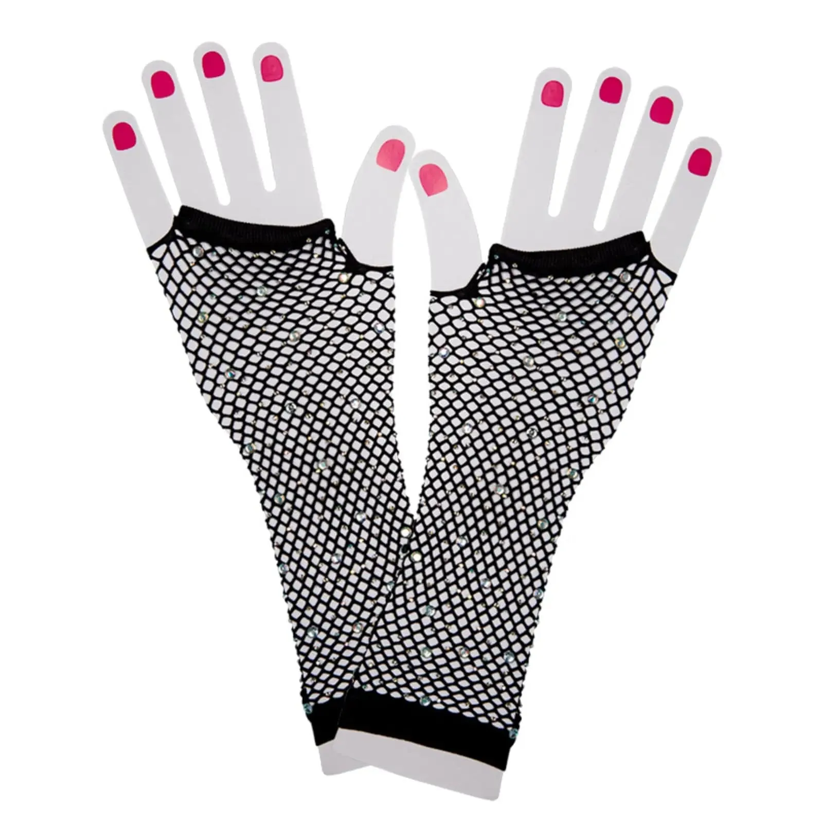 Adults 80s Long Fingerless Net Gloves With Diamantes Fancy Dress