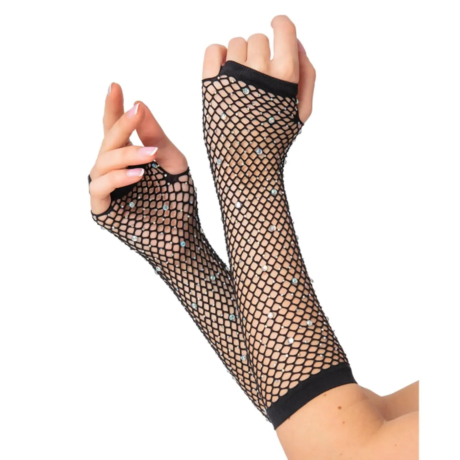 Adults 80s Long Fingerless Net Gloves With Diamantes Fancy Dress