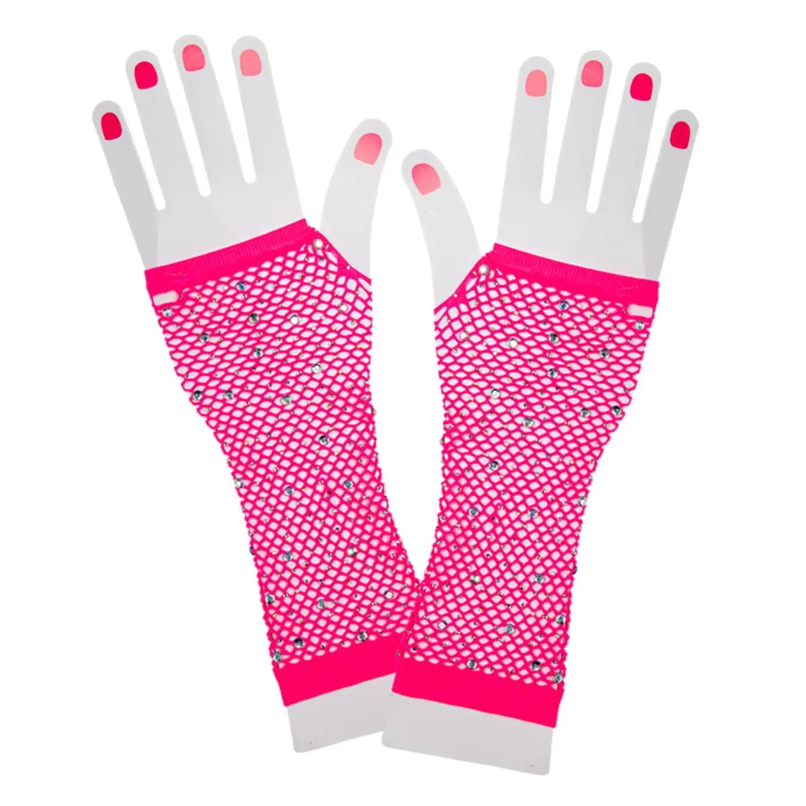 Adults 80s Long Fingerless Net Gloves With Diamantes Fancy Dress