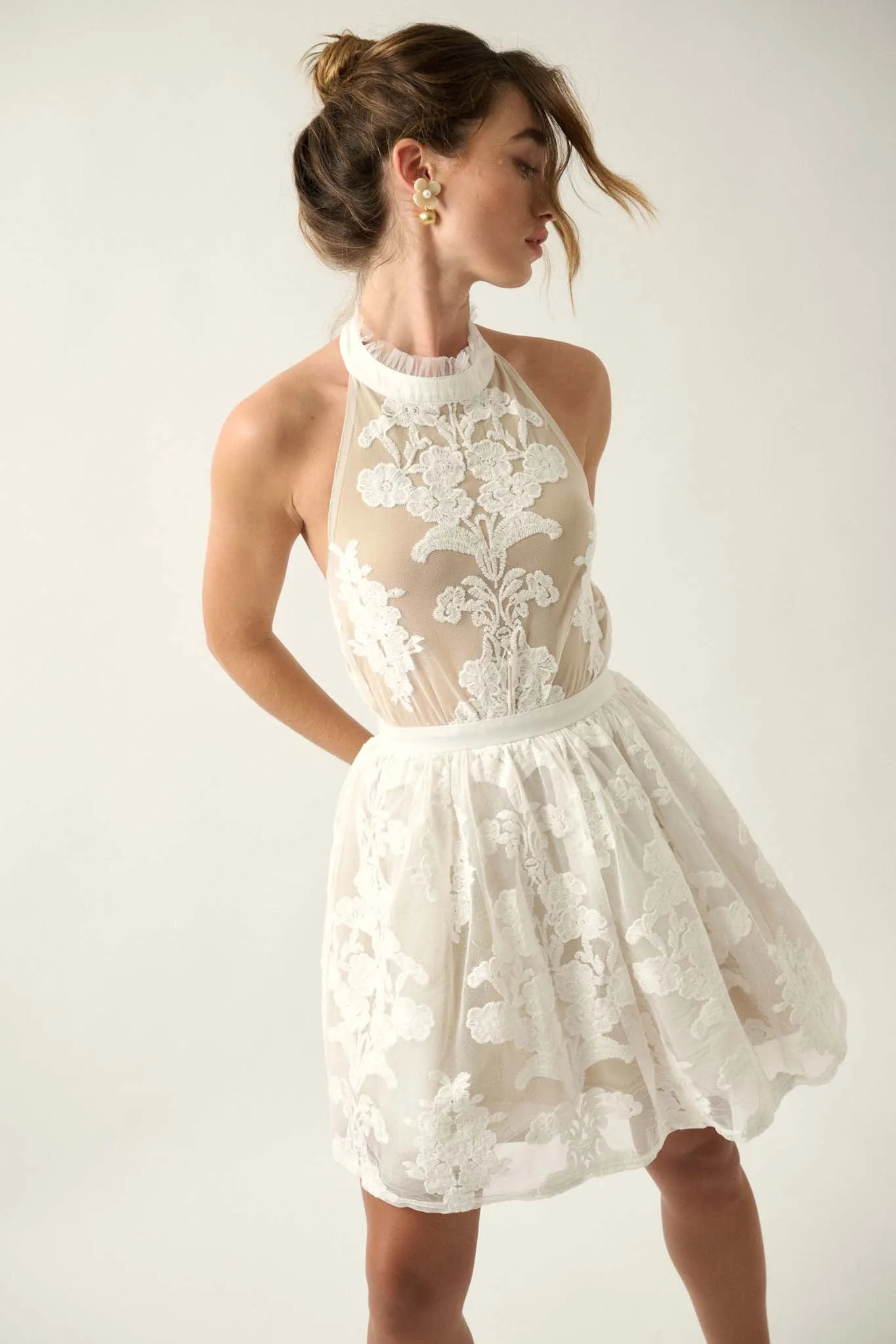 Angelic Beauty Layered Lace Halter Mini Dress