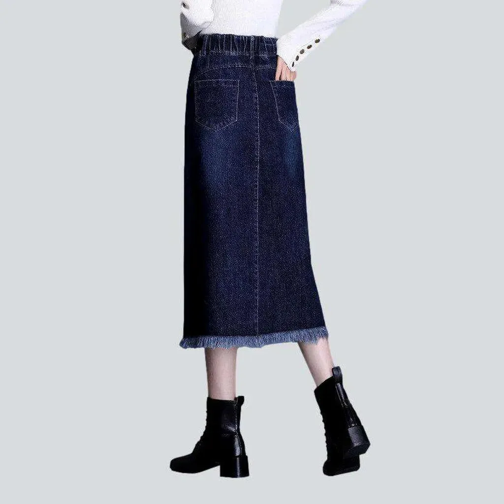 Asymmetric hem dark denim skirt