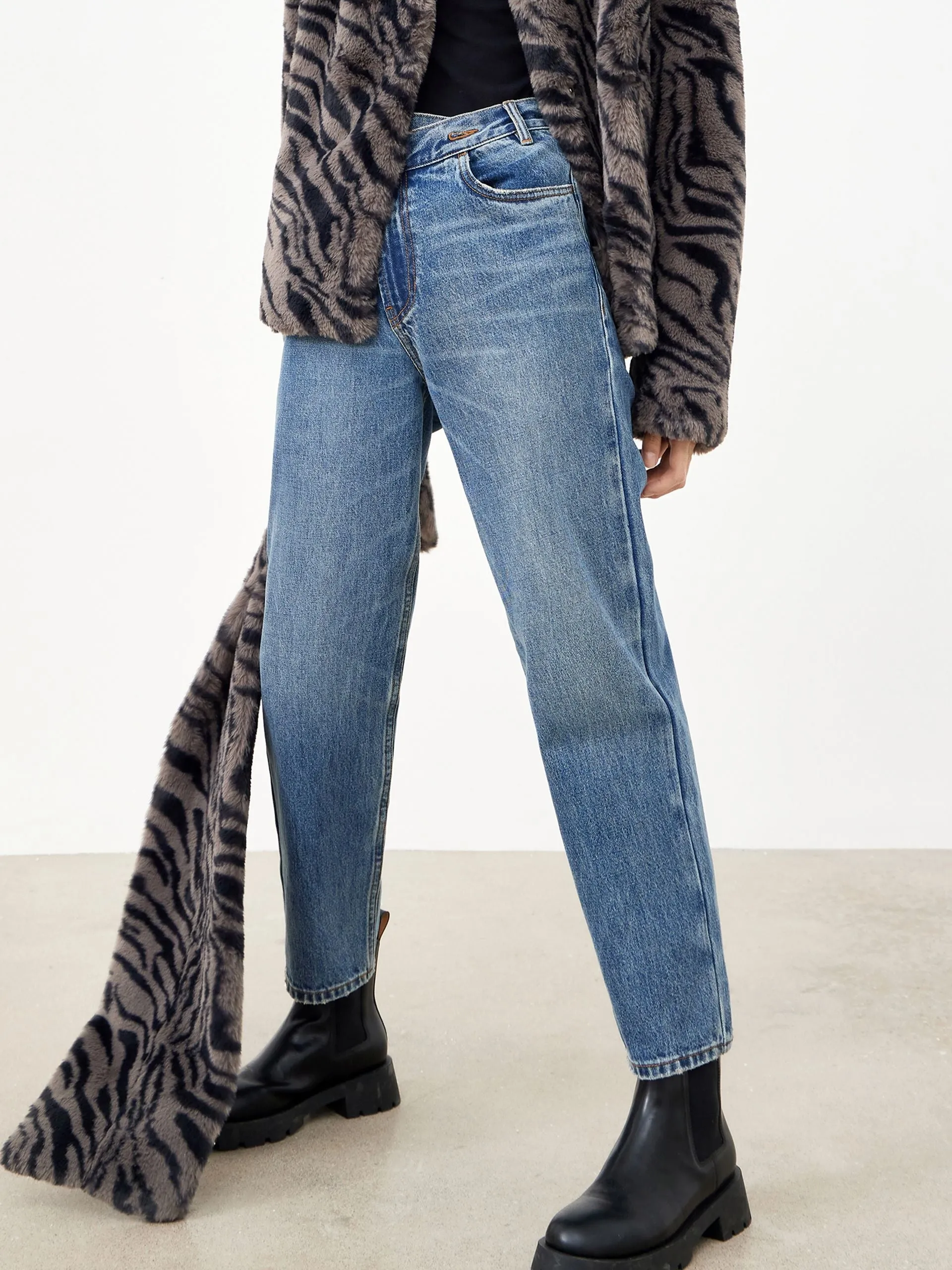 Asymmetric Waistband Faded Tapered Jeans