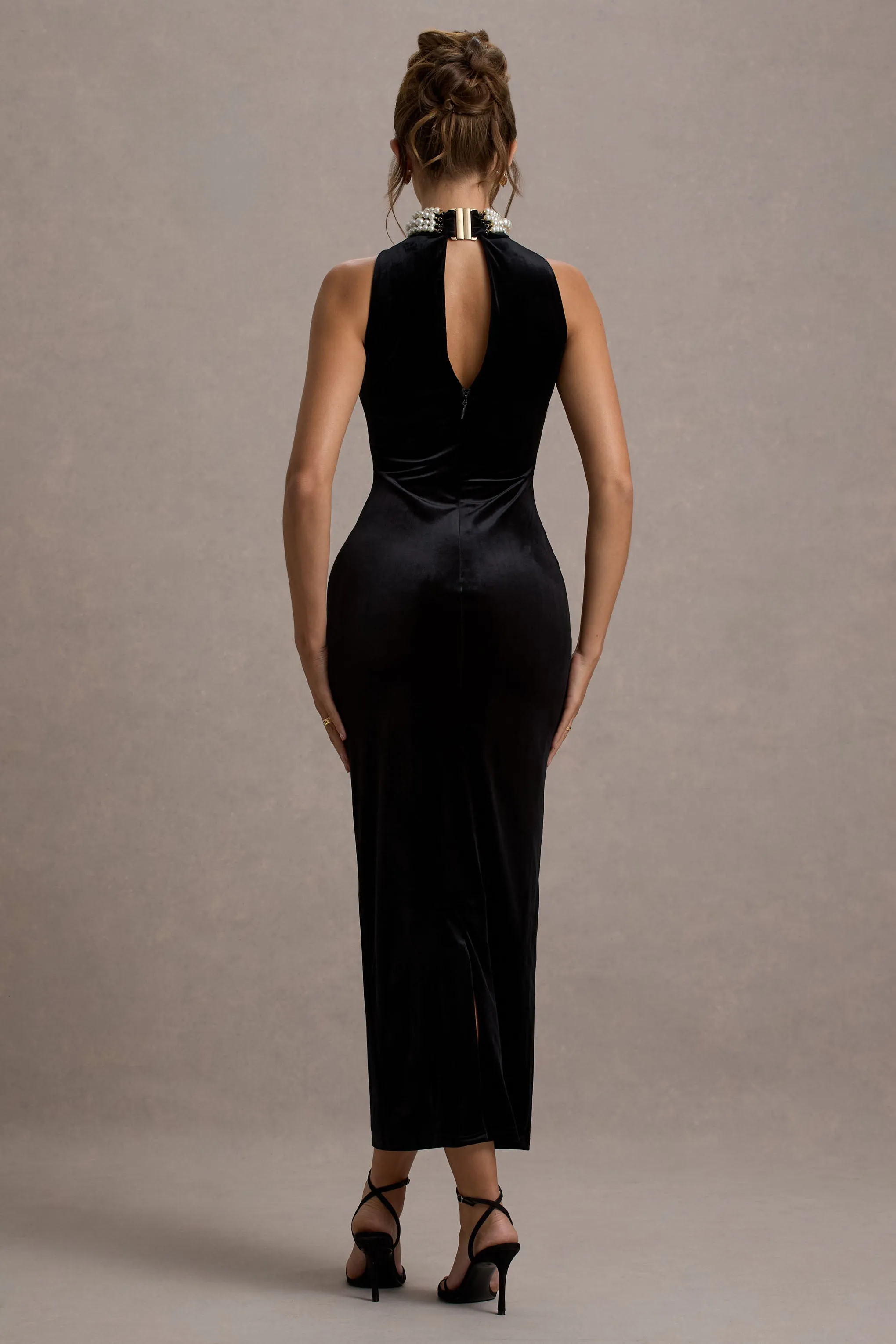 Audrine | Black Velvet Embellished High-Neck Maxi Dress