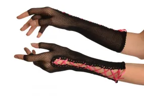 Black Fishnet Pink Lace Up Fingerless Gloves