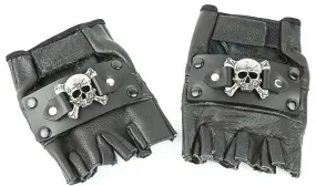 Black Leather Fingerless Glove w/ Silver Skulls