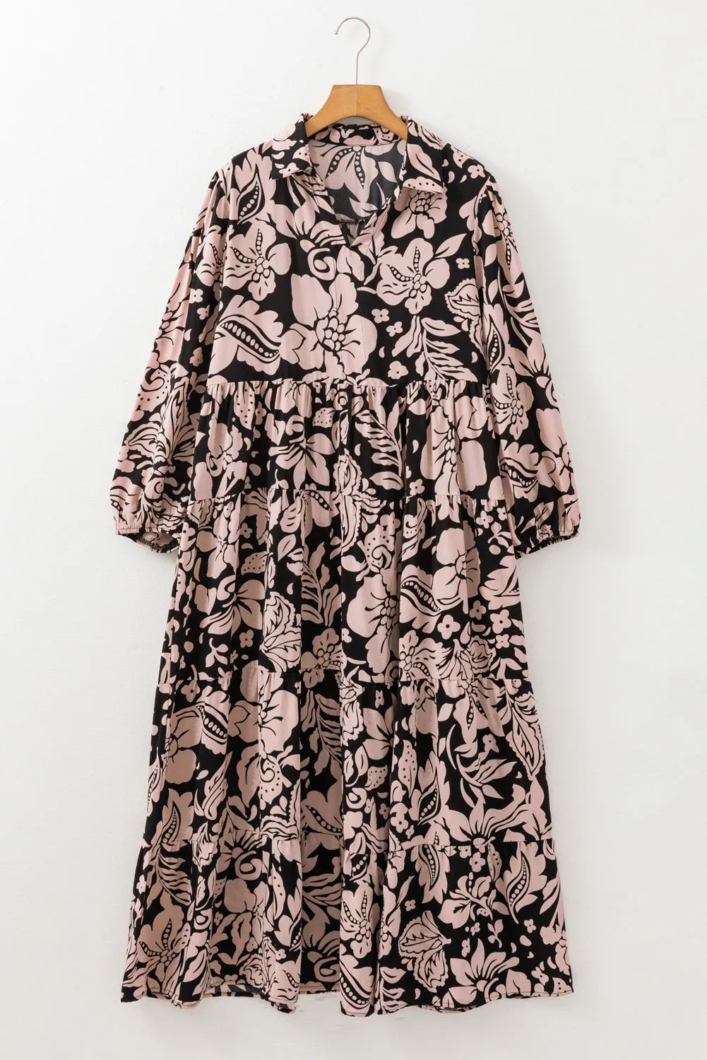 Black Plus Size Floral Printed Puff Sleeve Collared Maxi Dress