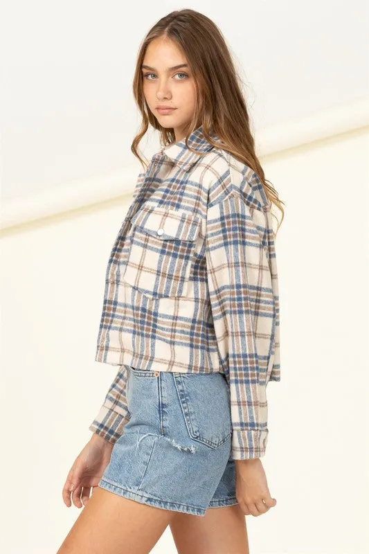 Blue Plaid Print Button-front Jacket