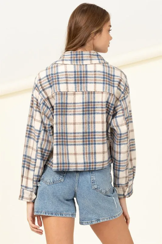 Blue Plaid Print Button-front Jacket