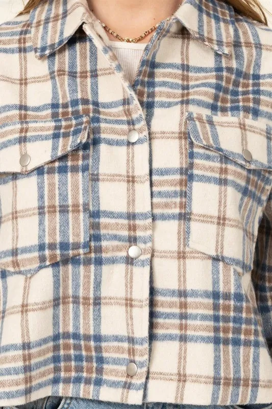 Blue Plaid Print Button-front Jacket