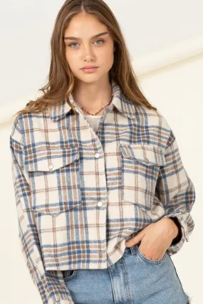 Blue Plaid Print Button-front Jacket