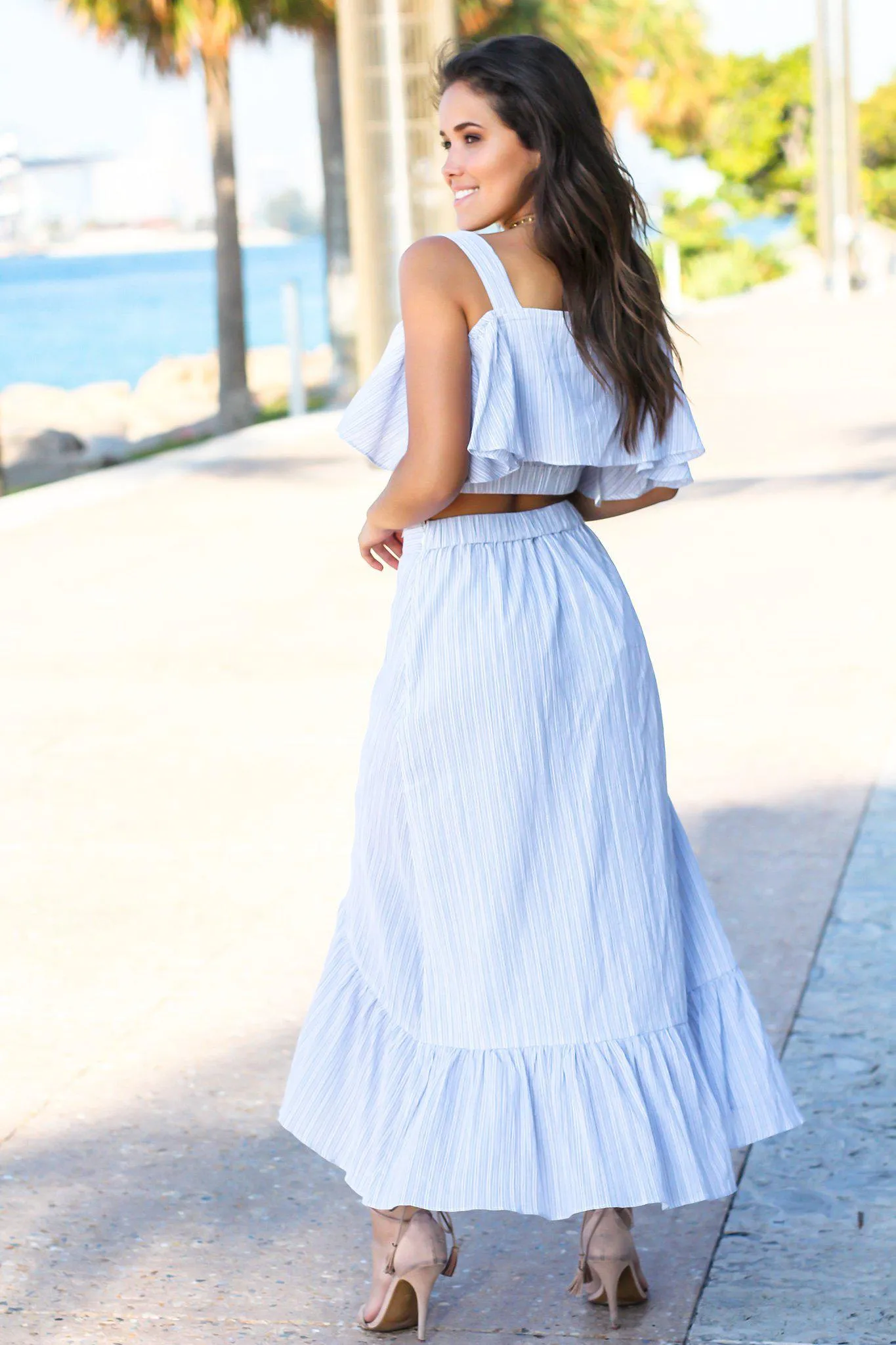 Blue Striped Ruffled Two Piece Set