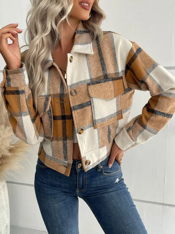 Boho Women's Plaid Pocket Long Sleeved Shirt Jacket