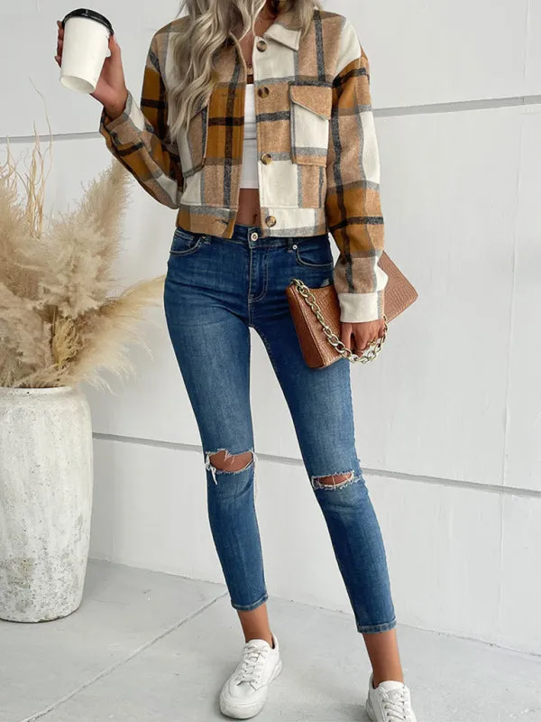 Boho Women's Plaid Pocket Long Sleeved Shirt Jacket