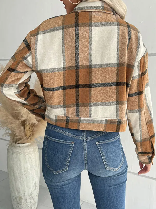 Boho Women's Plaid Pocket Long Sleeved Shirt Jacket