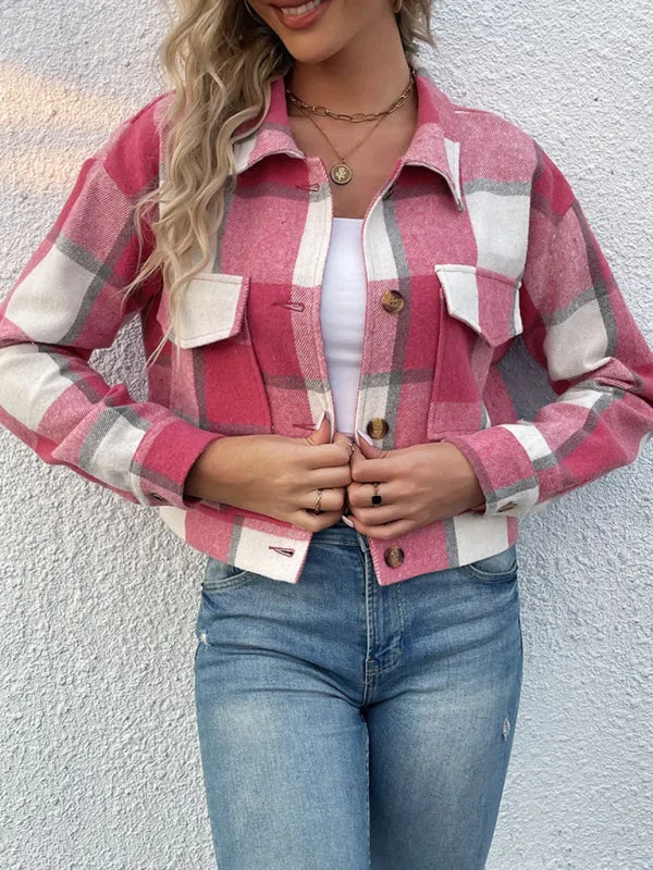 Boho Women's Plaid Pocket Long Sleeved Shirt Jacket