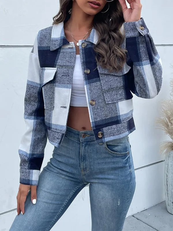 Boho Women's Plaid Pocket Long Sleeved Shirt Jacket