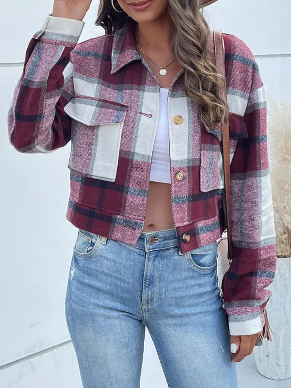 Boho Women's Plaid Pocket Long Sleeved Shirt Jacket