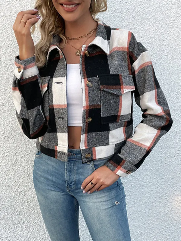 Boho Women's Plaid Pocket Long Sleeved Shirt Jacket