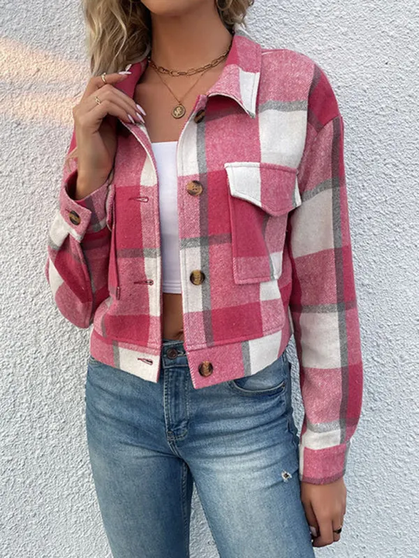 Boho Women's Plaid Pocket Long Sleeved Shirt Jacket