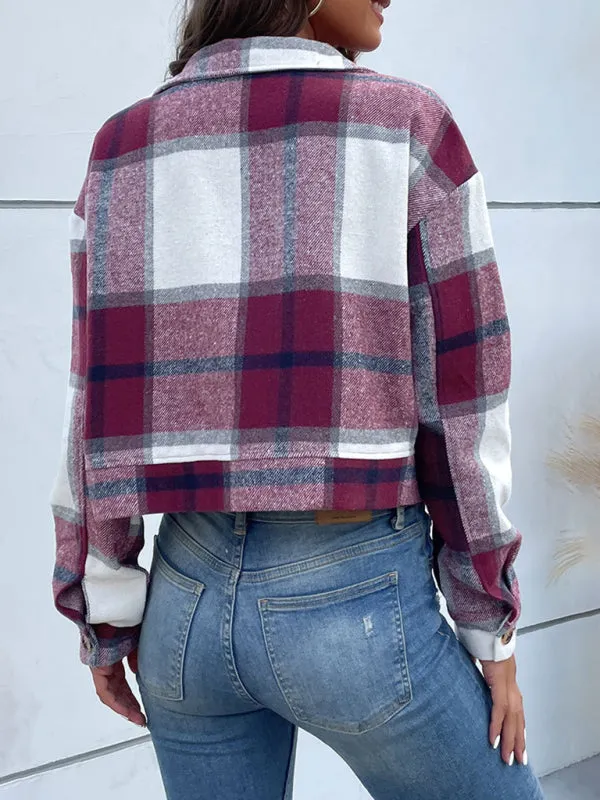 Boho Women's Plaid Pocket Long Sleeved Shirt Jacket