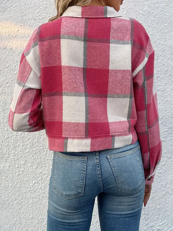 Boho Women's Plaid Pocket Long Sleeved Shirt Jacket