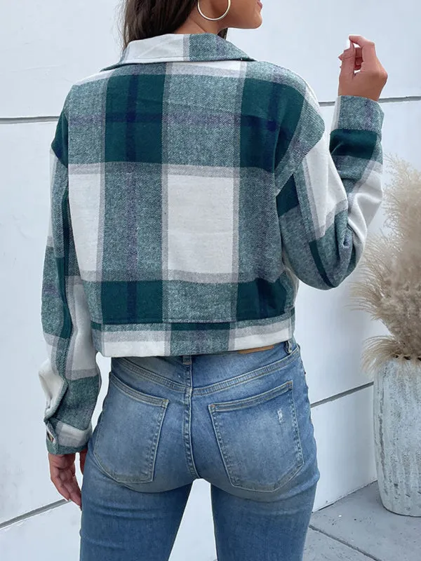 Boho Women's Plaid Pocket Long Sleeved Shirt Jacket