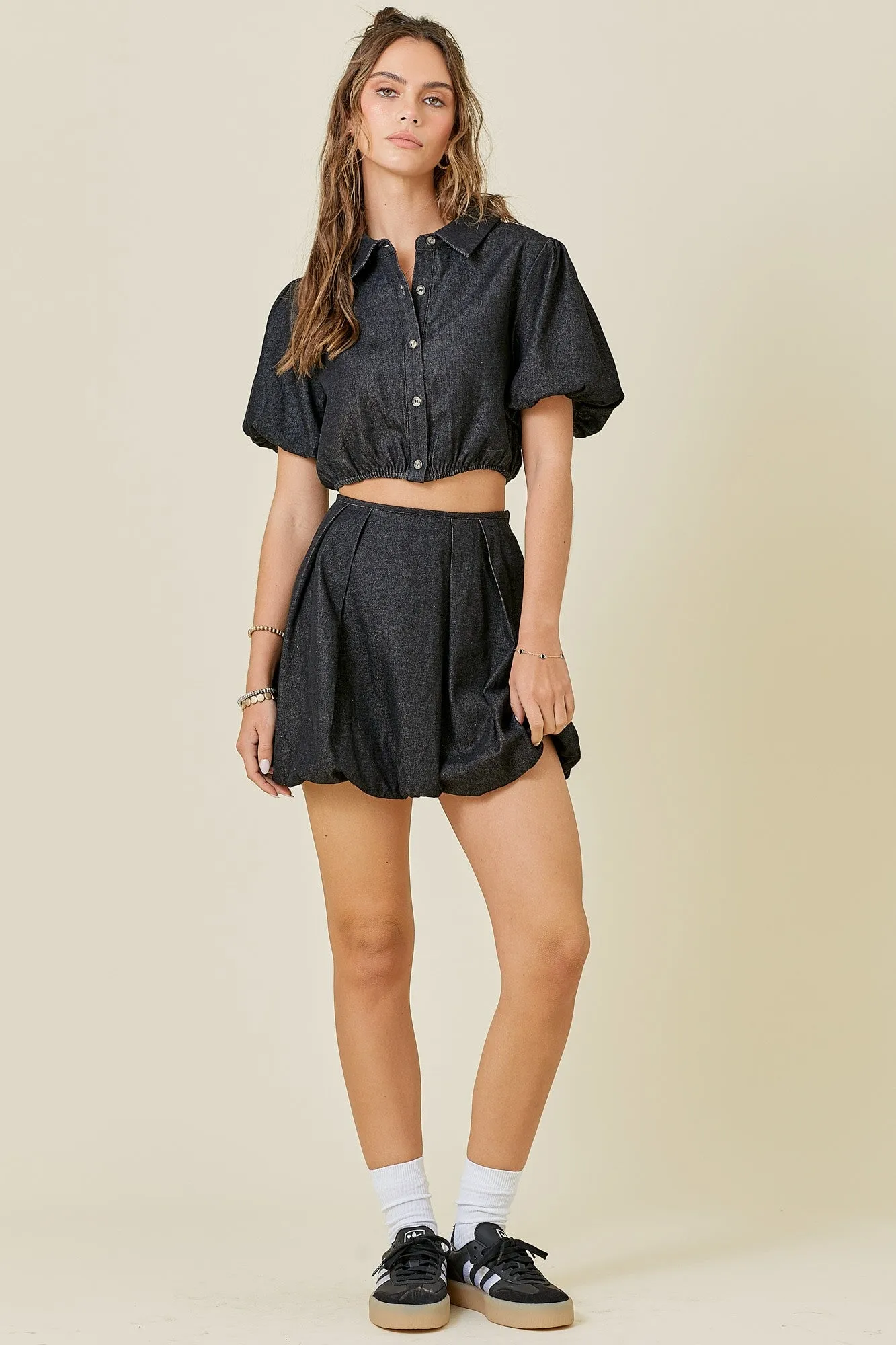 Bubble Hem Pleat Detal Denim Mini Skirt