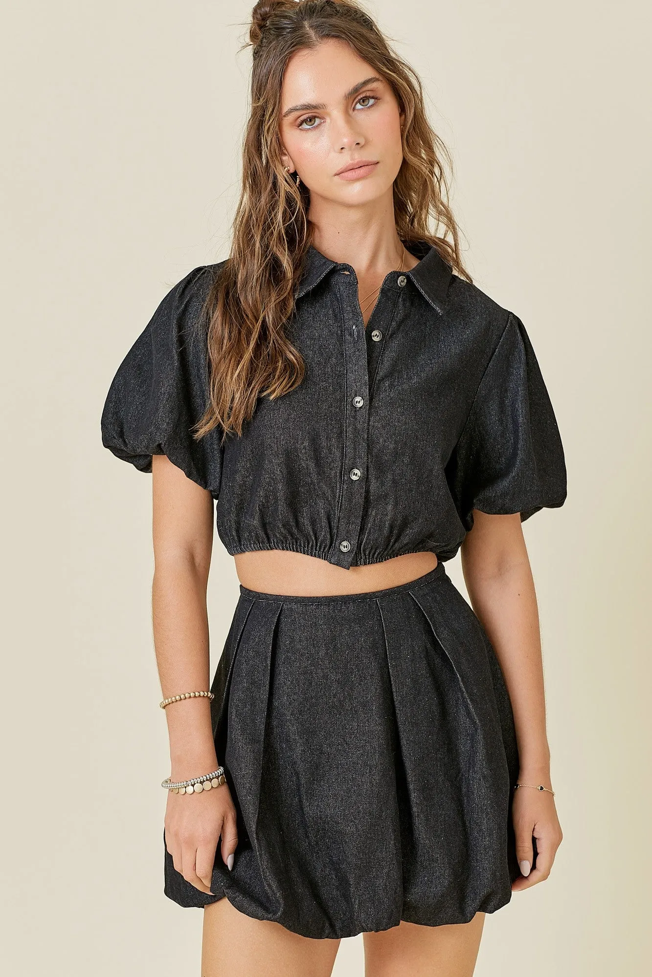 Bubble Hem Pleat Detal Denim Mini Skirt