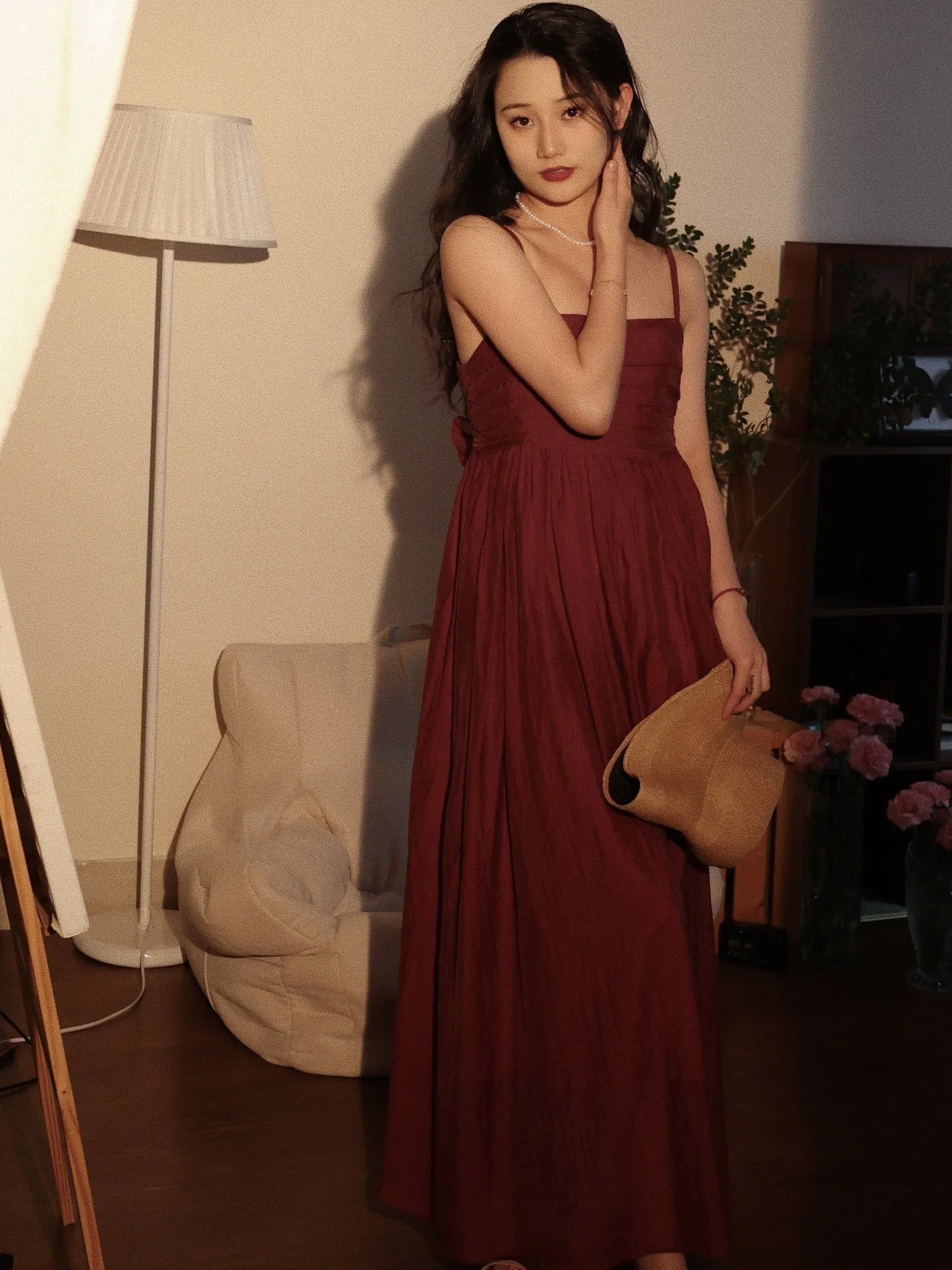 Burgundy Casual Tie Back Summer Maxi Dress