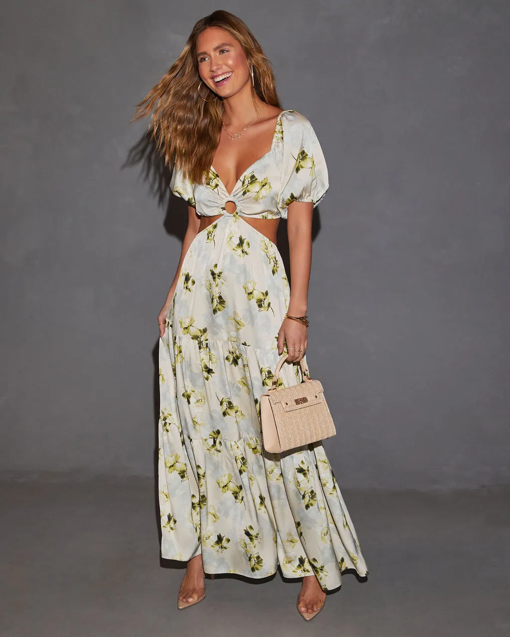 Cambria Satin Floral Puff Sleeve Maxi Dress