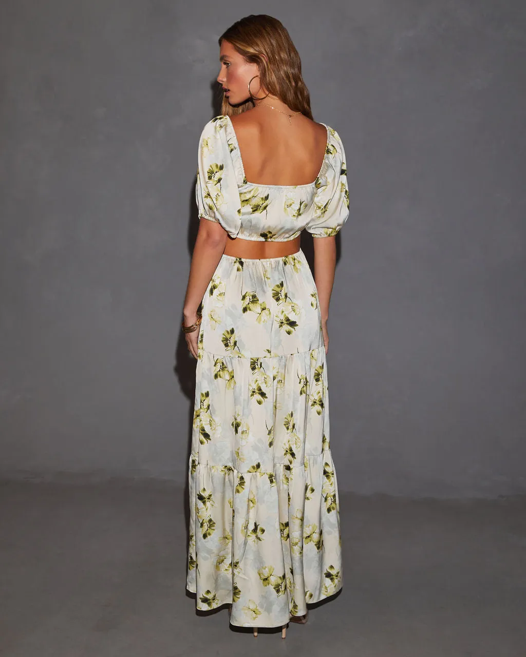 Cambria Satin Floral Puff Sleeve Maxi Dress