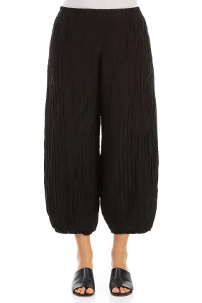 Cropped Taper Black Silk Linen Trousers