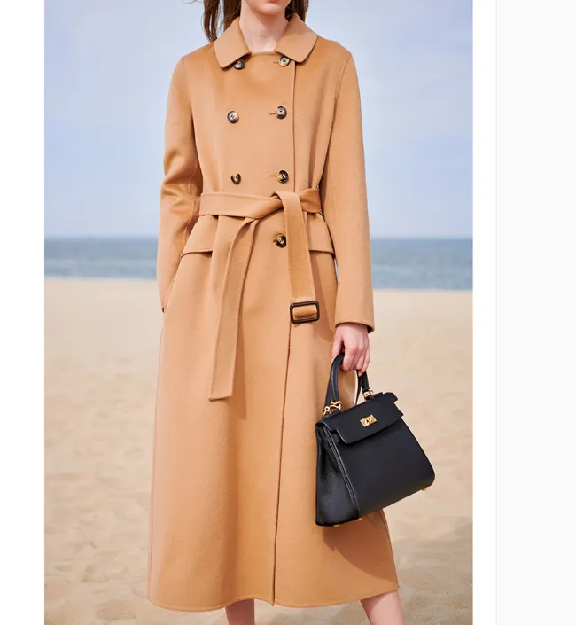 Double Breasted Wool Coat Warm Waist Belt Long Women Wool Coat Jacket 0766