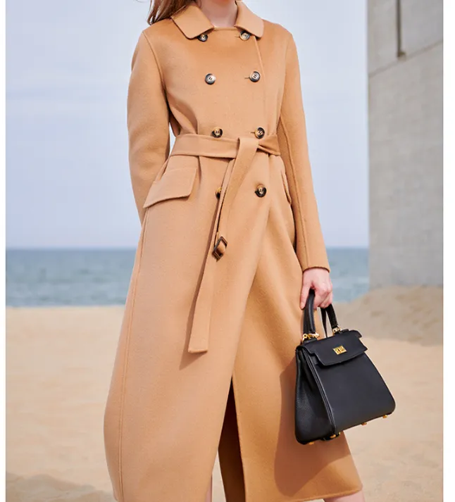 Double Breasted Wool Coat Warm Waist Belt Long Women Wool Coat Jacket 0766