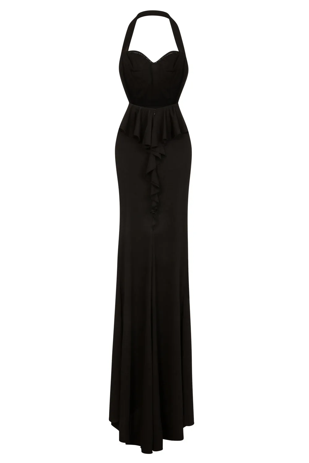 Dream Black Sweetheart Backless Waterfall Frill Ruffle Fishtail Maxi Dress