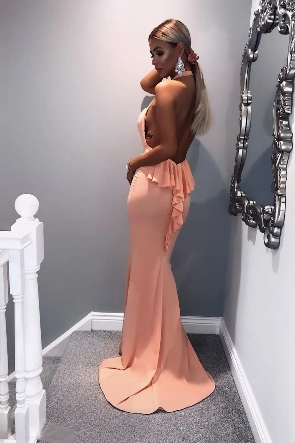 Dream Coral Sweetheart Backless Waterfall Frill Ruffle Fishtail Maxi Dress