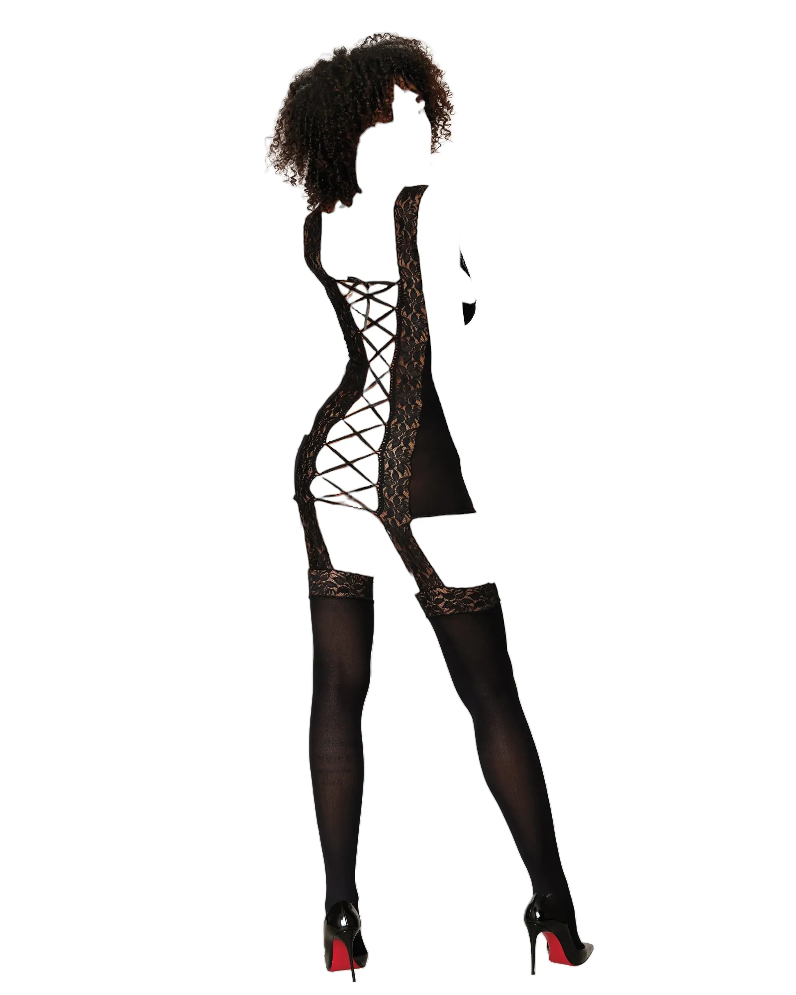 Dreamgirl Sheer Stretch Lace Garter Dress with Lace-up Back Detail & Attached Stockings Black