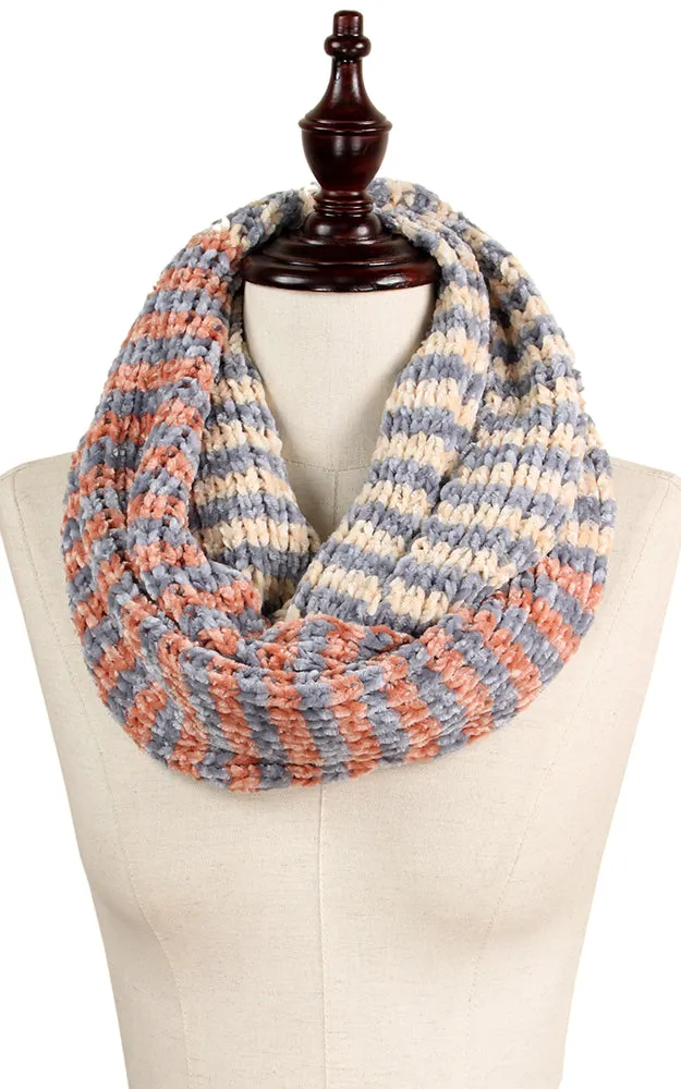 EAN9145 Three Tone Chenille Stripe Infinity Scarf