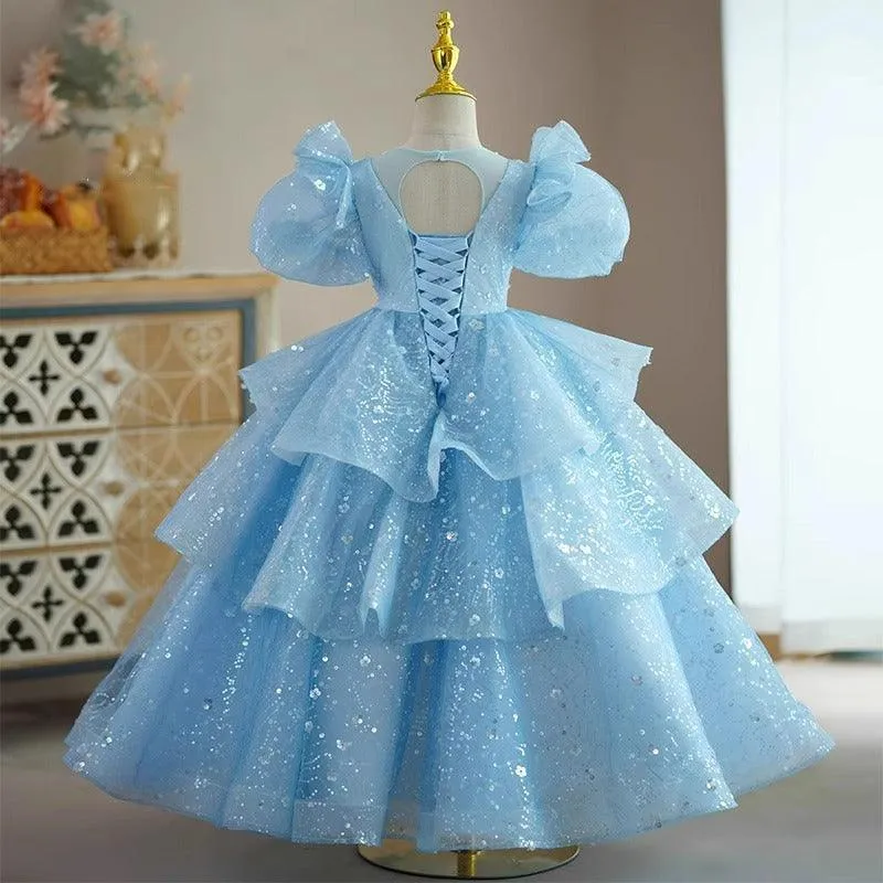 Fairy Tale Blue Princess Dress Sparkling Glamorous Gown Royal Puff Sleeve Dress