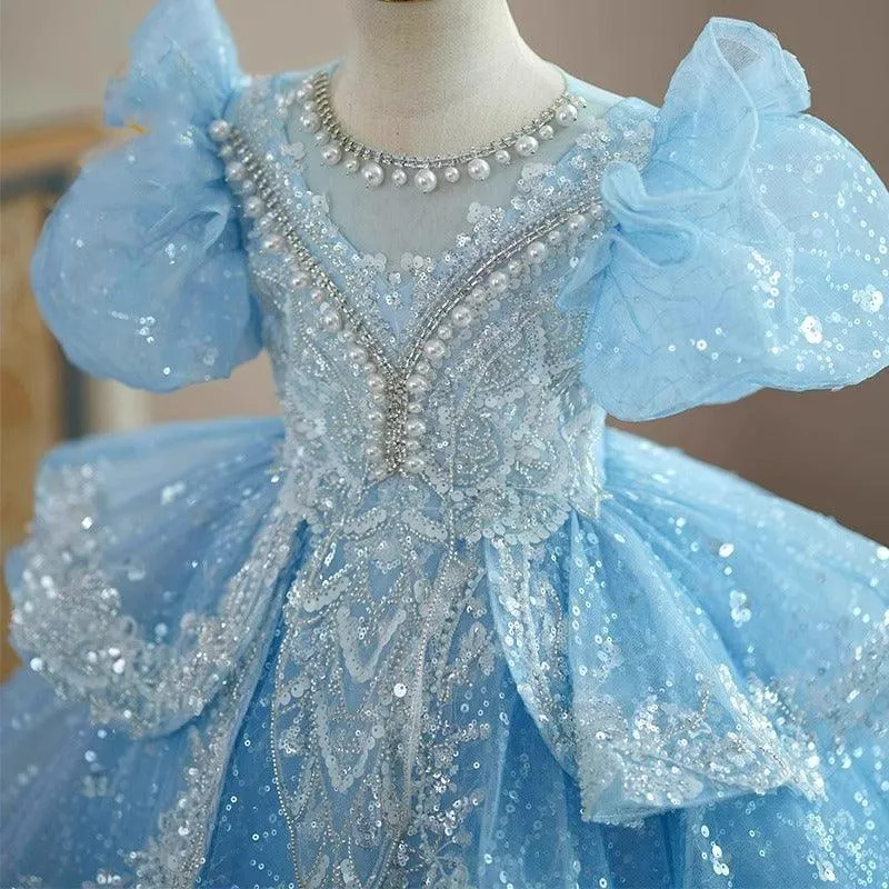 Fairy Tale Blue Princess Dress Sparkling Glamorous Gown Royal Puff Sleeve Dress