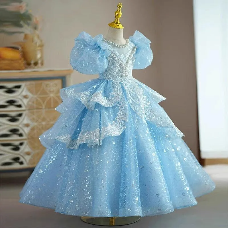 Fairy Tale Blue Princess Dress Sparkling Glamorous Gown Royal Puff Sleeve Dress