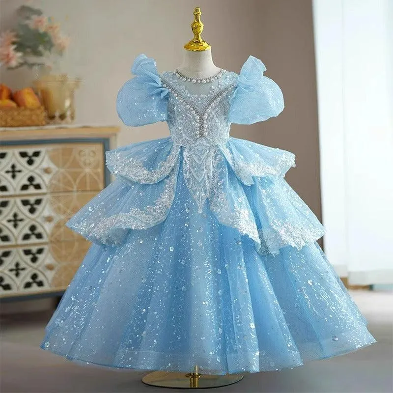 Fairy Tale Blue Princess Dress Sparkling Glamorous Gown Royal Puff Sleeve Dress