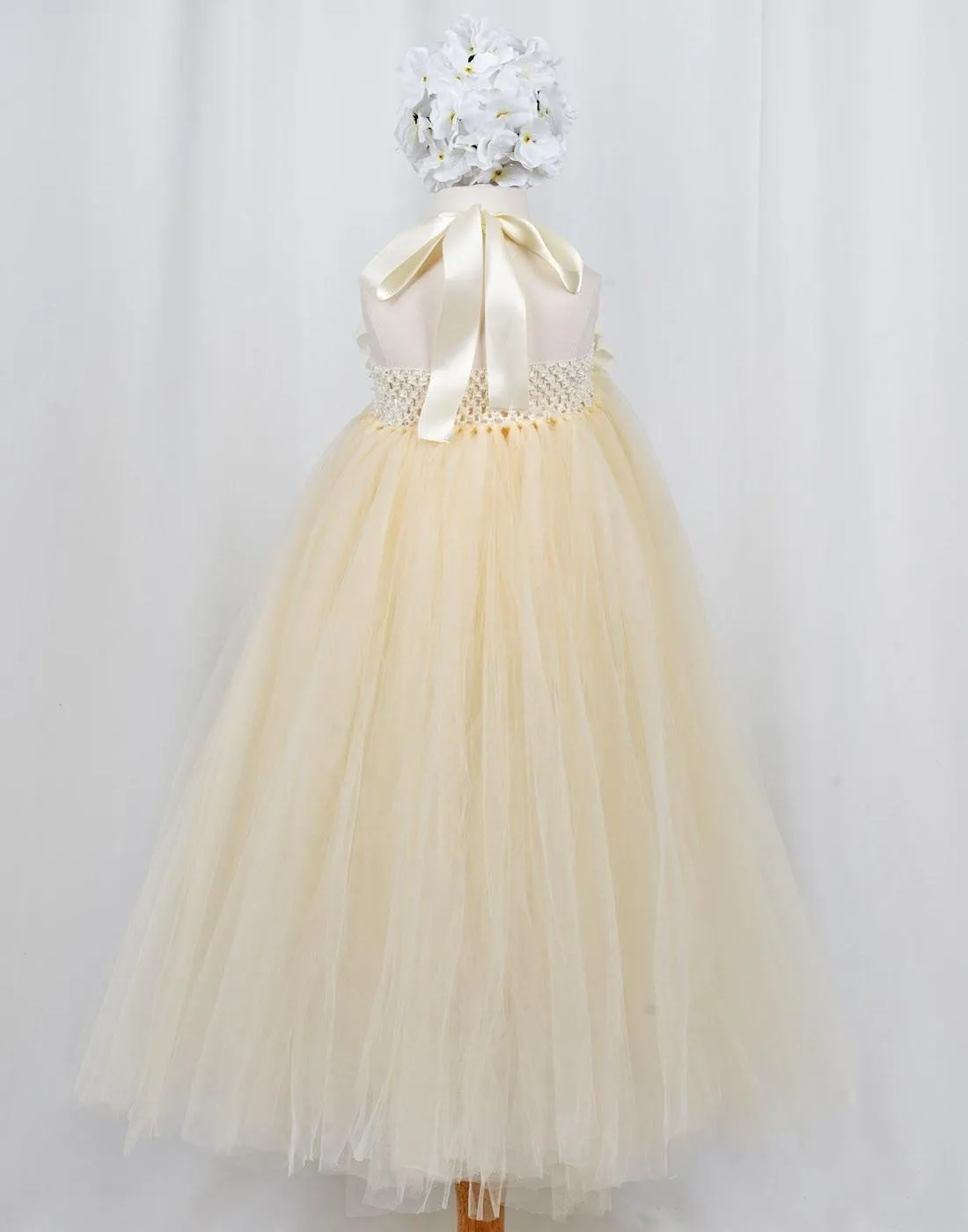 Fantastic Floriated Tulle Dress with Pearl Accents - Champagne