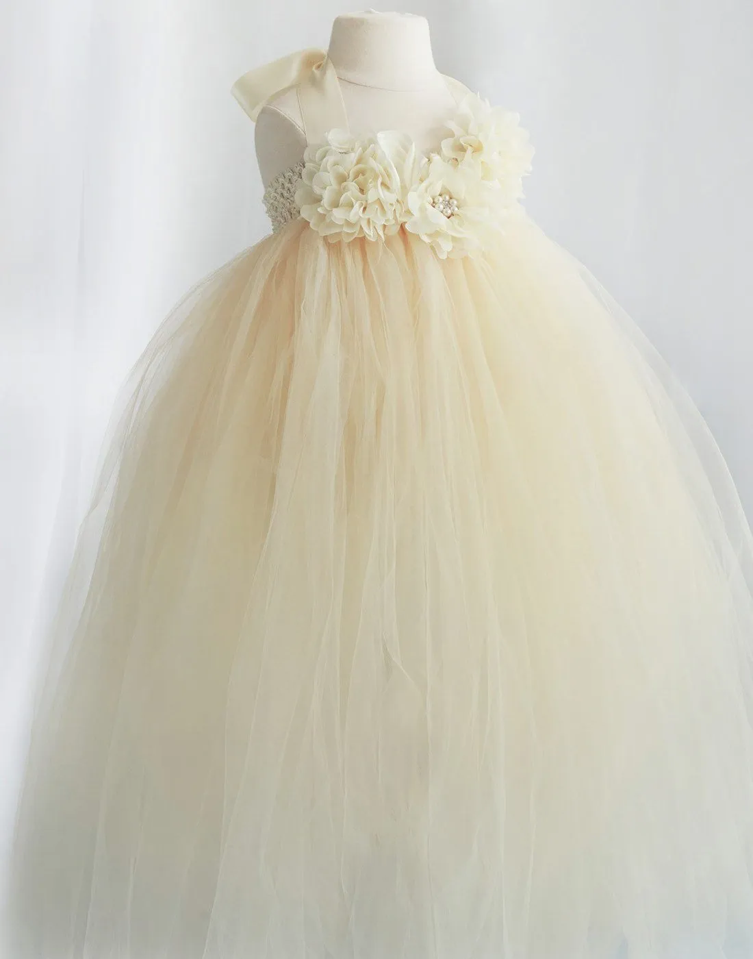 Fantastic Floriated Tulle Dress with Pearl Accents - Champagne